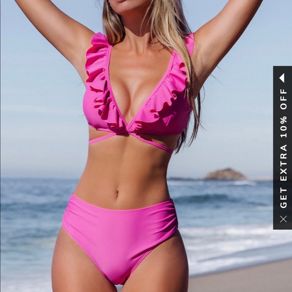 Cupshe Pink Pool Party ruffled wrap bra and hipster bottoms